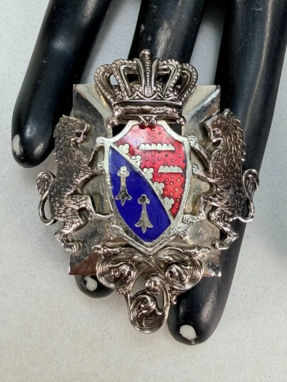 Vintage Marino Heraldic Crest Lions Crown Shield Brooch Enamel Silver Tone